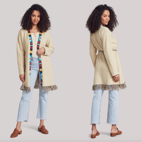 NWT Faherty Crow Stripes Duster Cardigan Braided Belt Border Stripe Ivory M / L - Picture 3 of 16